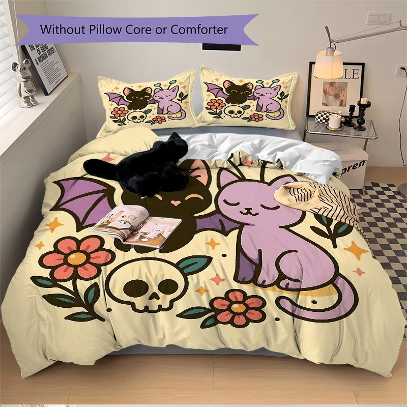 3pcs Bat and Cat Cute Cartoon Design Bedding Set - 1 Soft Quilt Cover + 2 Pillowcases, Machine Washable - Suitable for All Seasons, Perfect Gift