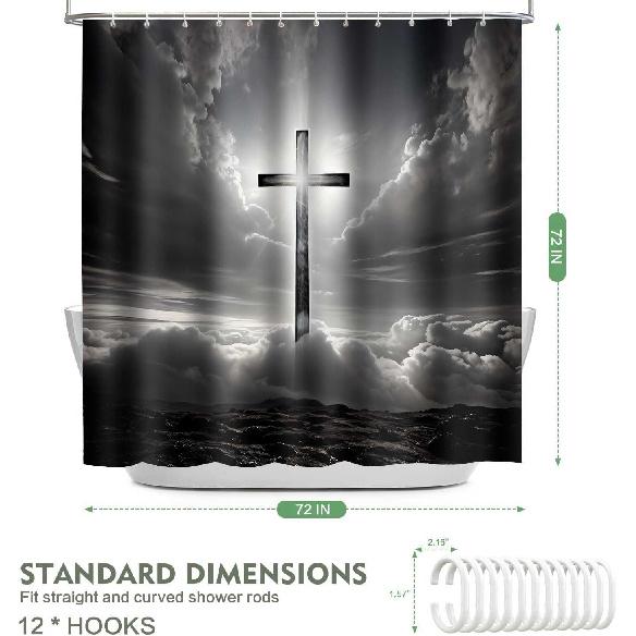 Cross Shower Curtain, 72x72inch, Crucifix Bathroom Shower Curta Easter Jesus Bathroom Curta Decor Set with 12 Hooks YLMRTP0611