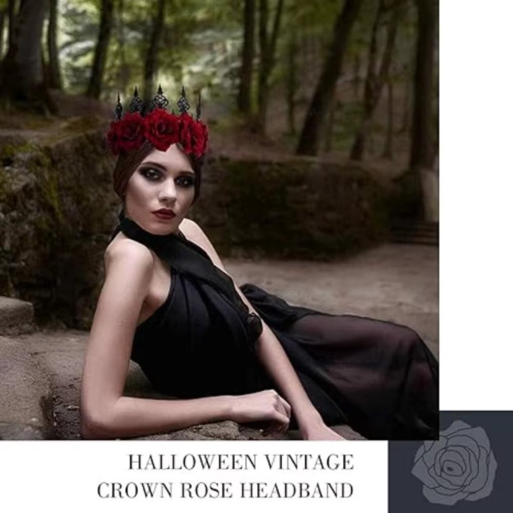 Party Costumes Women Crown Tiara Gothic Style Halloween Headpiece Red Rose Headband  Masquerade