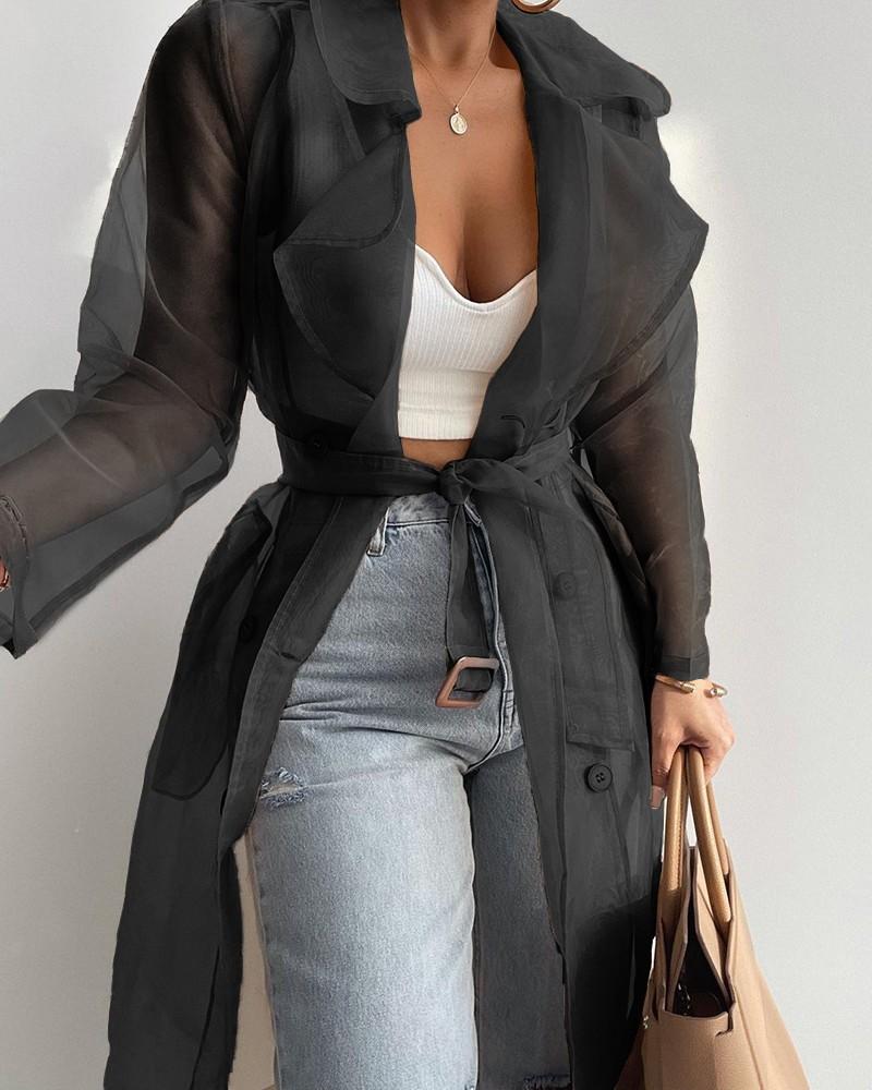 Light Brown Transparent Long Trench Coat with Belt and Double-Breasted Buttons