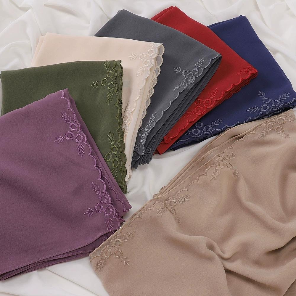 Malaysia Indonesian Embroidered Chiffon Headscarf Shawl Turban Head Wraps Good Quality Breathable Ladies' Scarf 70*175cm