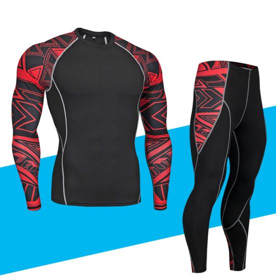 2Pcs/Set Men Printed Tracksuit Compression Shirt Pants Workout Rashguard Tights