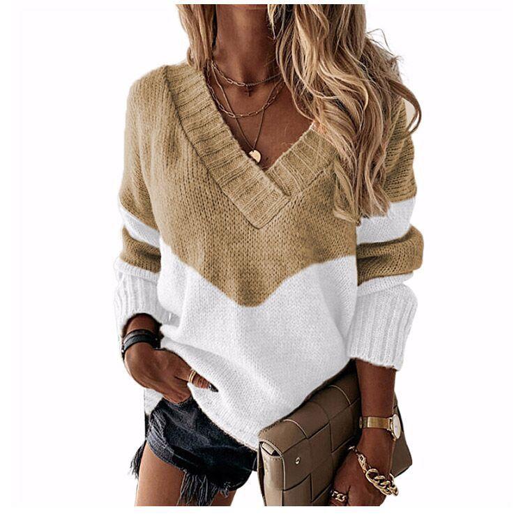Pullovers Women Sweaters Long-sleeved Autumn Winters V Collar Loose Color Matching Sweaters Women Fashion OLN6057