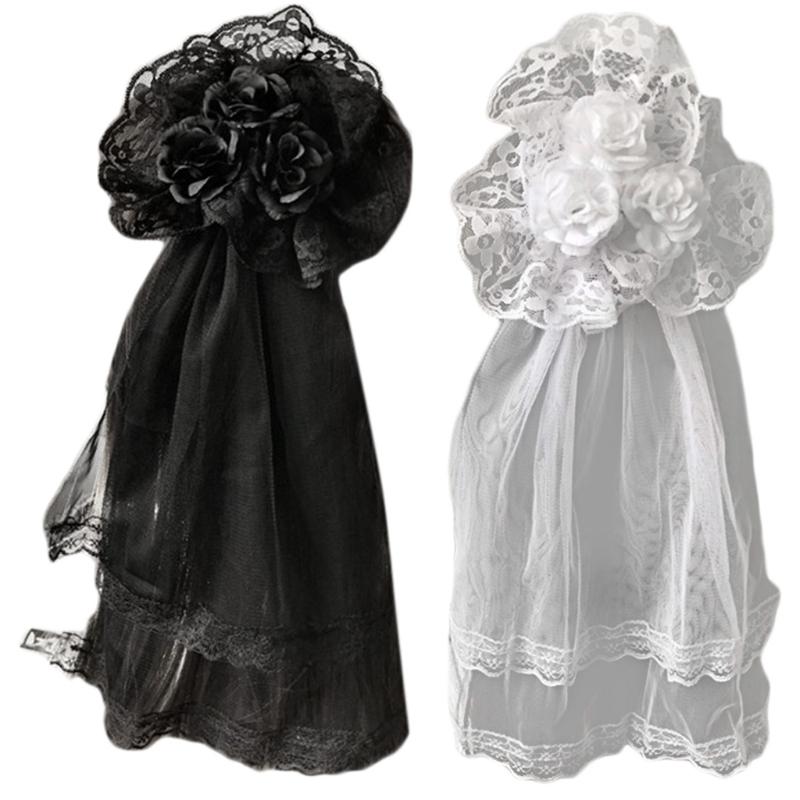 Lolita Gothic Headdress Lace Veil Headwear Rose Side Clip Barrette Halloween Cosplay Accessories Party Headpiece