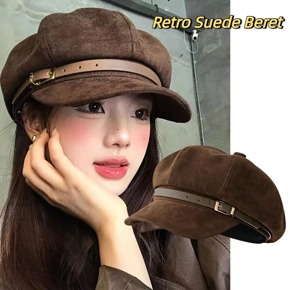 British Style Pu Leather Beret Brown Painter Hat Fashion Suede Octagonal Hat  Streetwear
