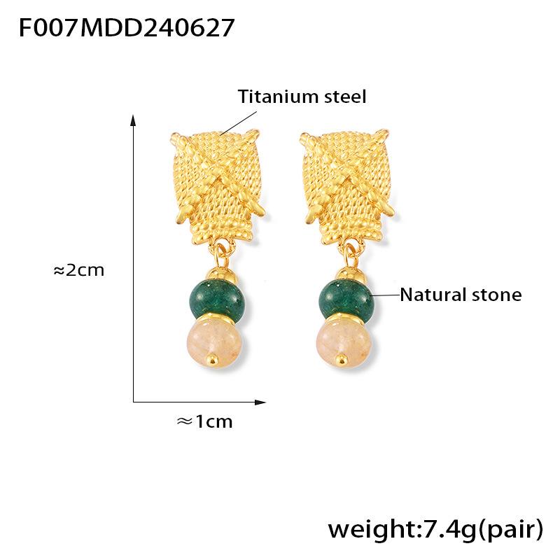 Bohemian Ethnic Polka Dot Gold-Plated Titanium Earrings with Natural Stone Tassels