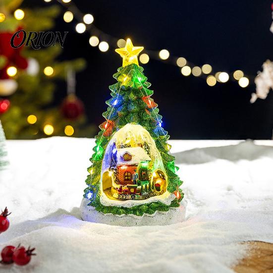 Resin Holiday Home Decor 2Pcs Christmas Train Music Box with Rotating Light, Snow Village Carousel Tree Hanging Decorations Ornament, Battery/USB