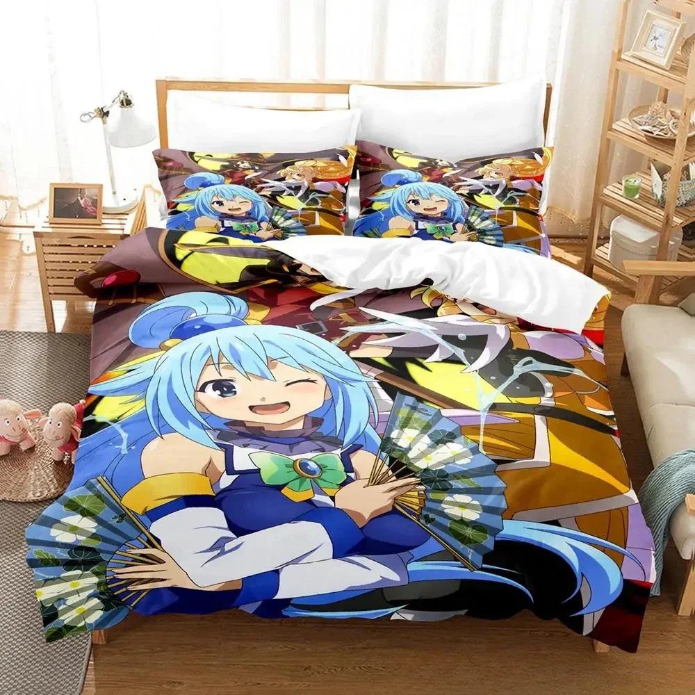 Trendy Lightweight King KonoSuba Cartoon Anime Three Piece Adult Kid Bedroom Sets 3D Print Kawaii Girls Size Bed Quilt