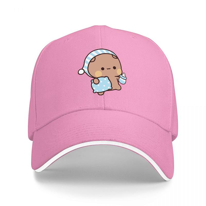 Cute Baby Bear Wearing Nightcap and Holding Bottle Baseball Cap Black with White Trim Adorable Cartoon Design for Adults
