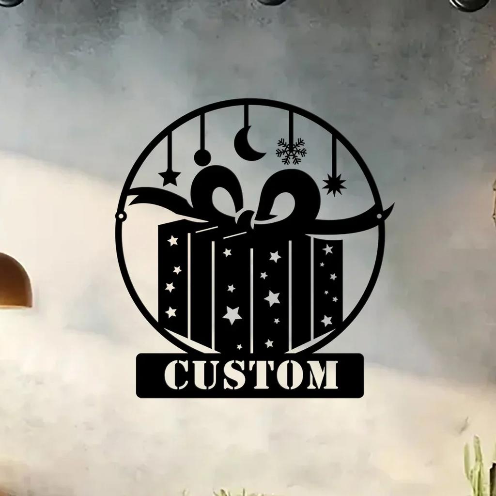 Merry Christmas Metal Wall Art, Personalized Family Name Sign for Home Decor, Xmas Gift Box