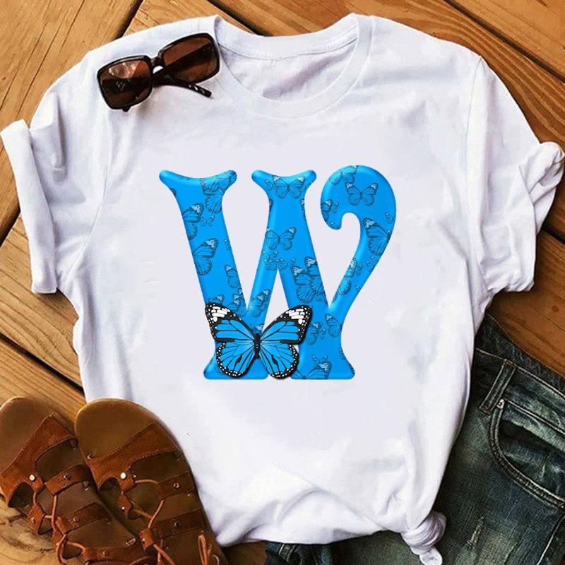 26 English Letters Butterfly Print T-shirts Name Letter Printed Top Fashionable Casual Round Neck Short Sleeved Women's Pure Cotton T-shirts