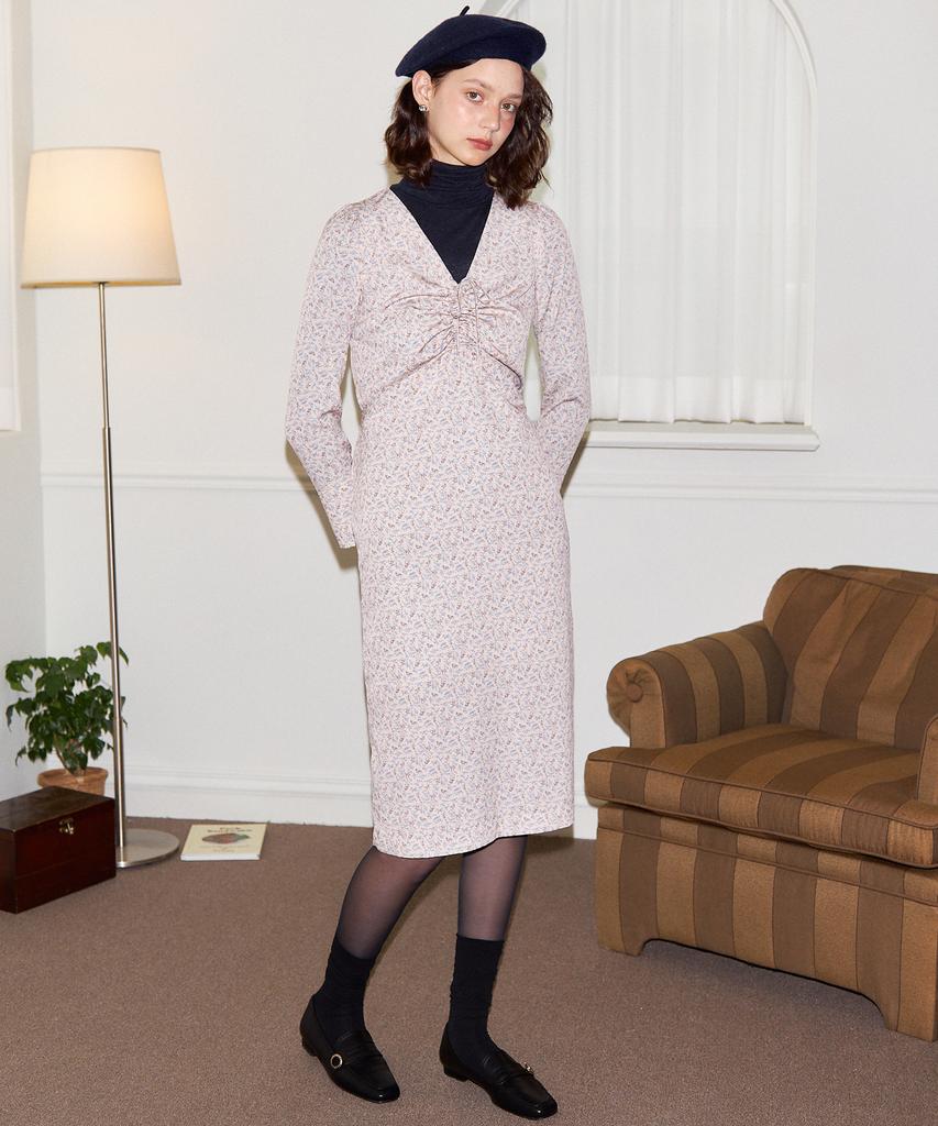 SALON DE YOHN V-Neck Shirring Midi Dress_Pink
