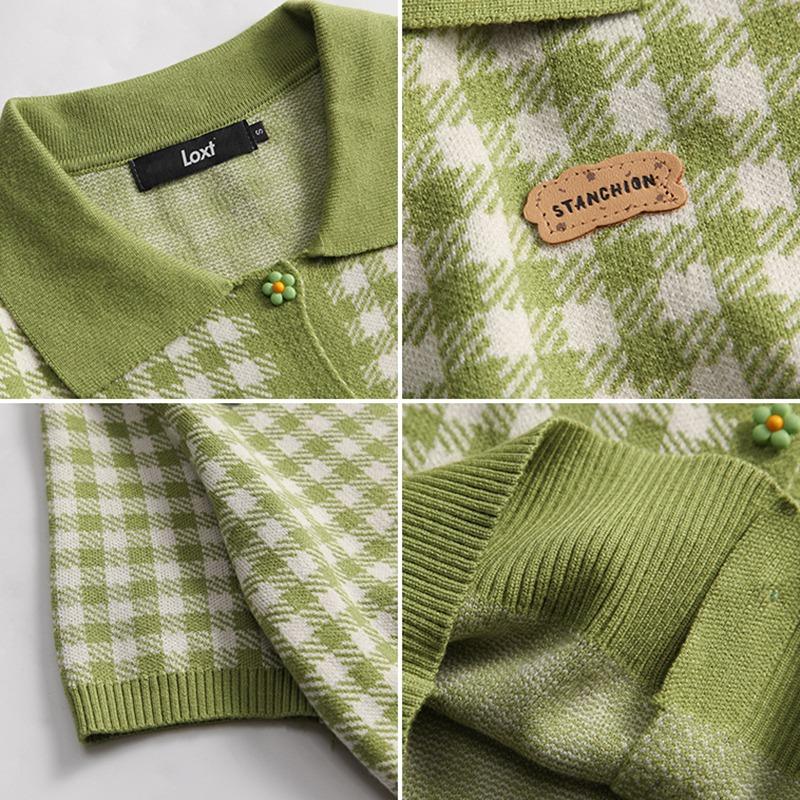 Women's Short Sleeves Cardigan Single-breasted Lapel Sweet Plaid