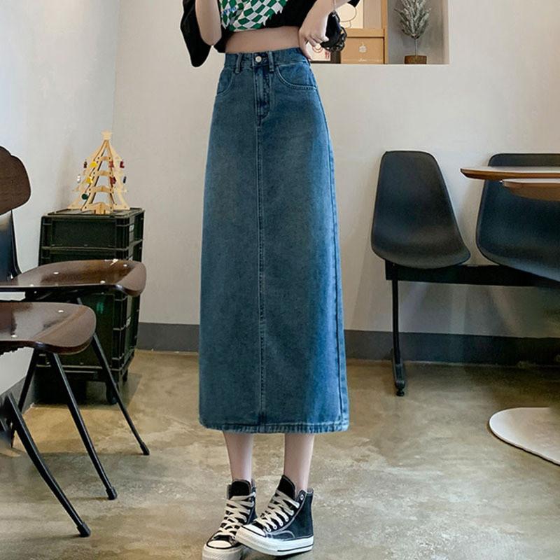 Denim Skirt Waterwash A Line Midi Skirt With Side Slit For Casual Women
