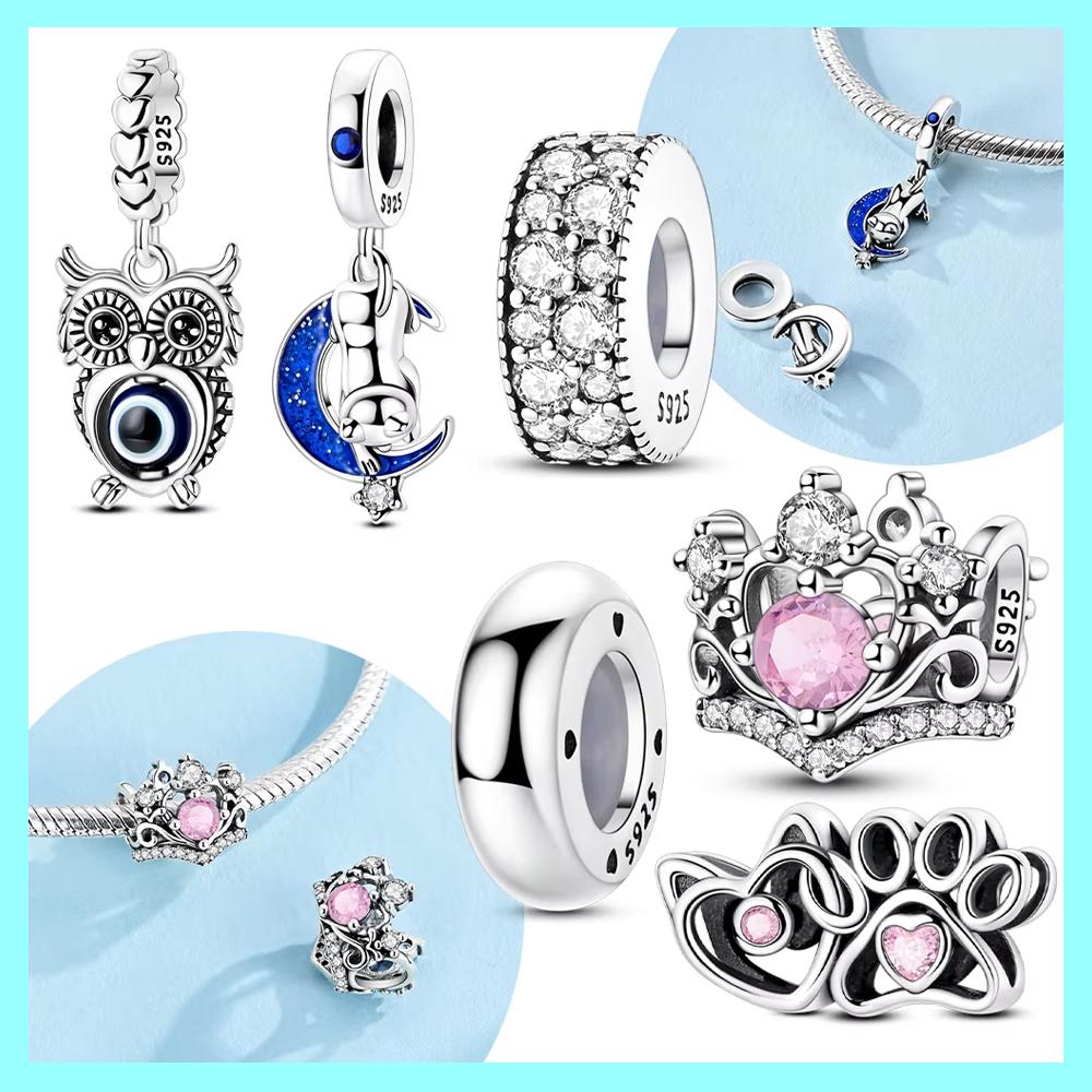 Exquisite Pink Crown Clawed Owl Moon Original Copper Charms Beads Fit Bracelet Women Jewelry Fine Gift Accessory