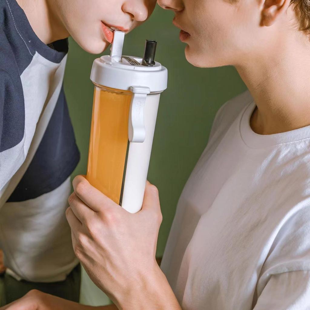 Creative Water Cup,One Cup Of Two Different Drinks Two Straws Couple Outdoor Drinking Cup For Camping Hiking Backpacking Travel