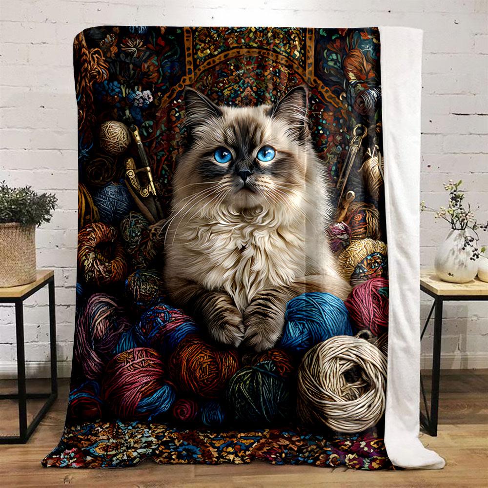 Cozy Cat with Yarn Balls for all seasons blanket lunch break throw gift