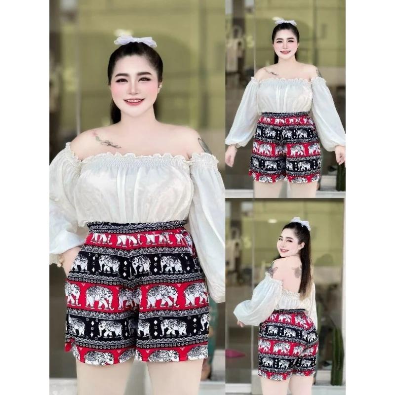 Elephant Wide Legs Shorts Pants Plus Size Adjustable Elastic High Waistband Women Print Thailand Casual Streetwear Beach Bohemian Retro Vintage