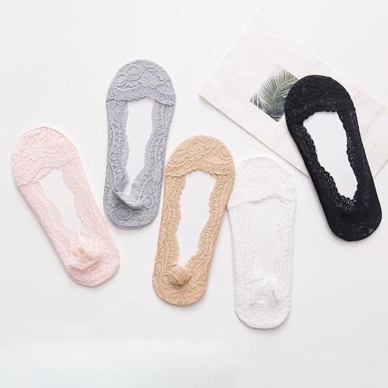 5 Paar Damen Spitzensocken Kurz geschnitten Flach Unsichtbar Hohe Absätze Füßlinge Einfarbige Hohe Elastizität Anti-Rutsch Schweißabsorbierend Schrumpffest