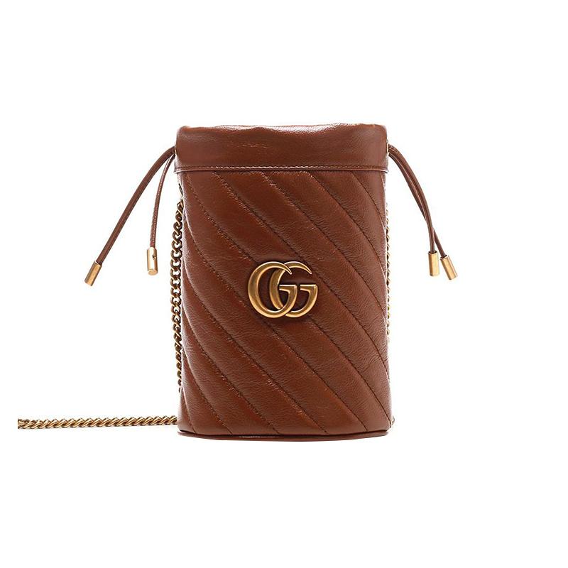 Gucci GG Marmont distressed drawstring chain shoulder strap calfskin bucket bag crossbody shoulder bag women's dark brown