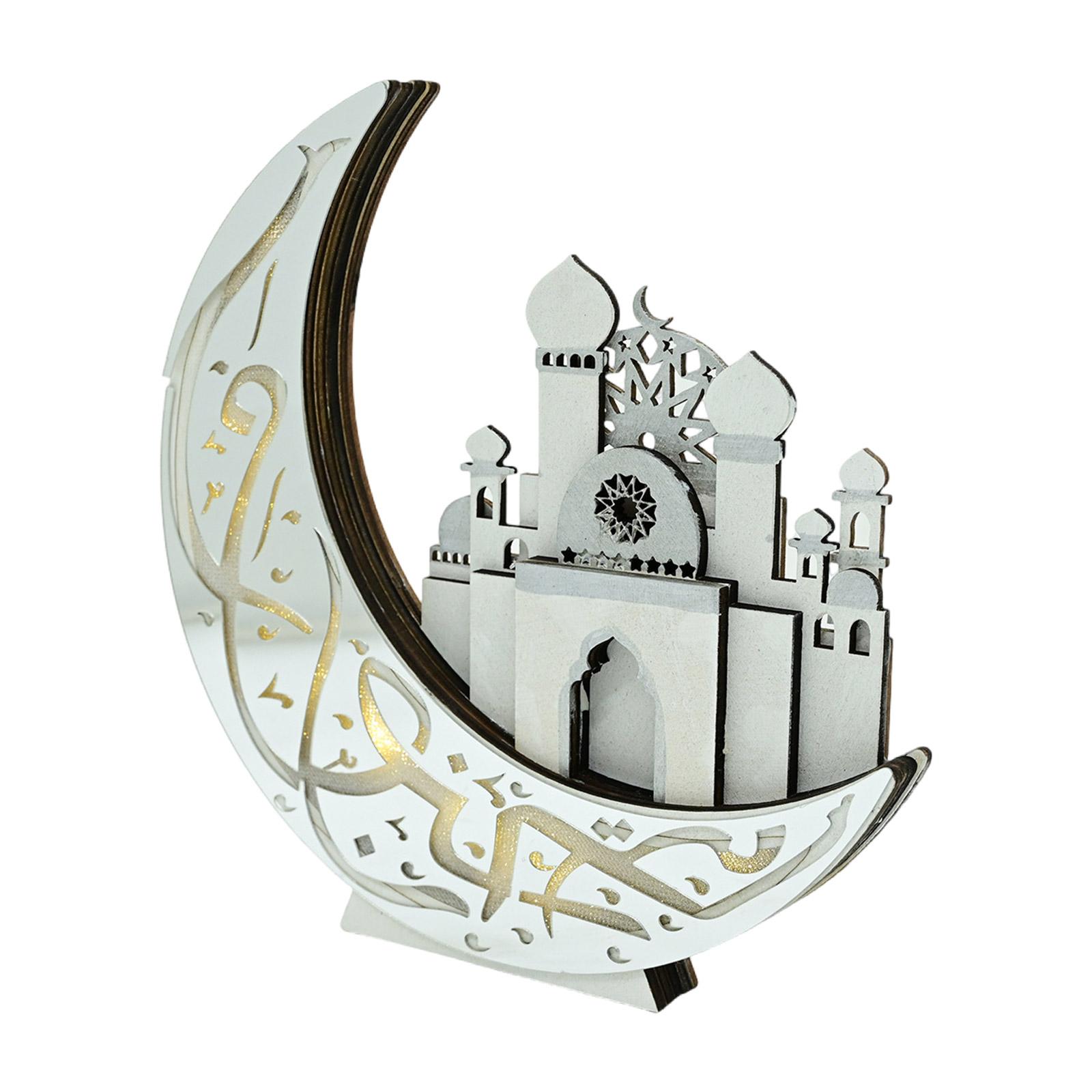 

LED Lighted Wood Moon Castles Mosque Eid Festival Tabletop Decoration Ornament for Muslims Islamic Ramadans Holiday Gift срібний