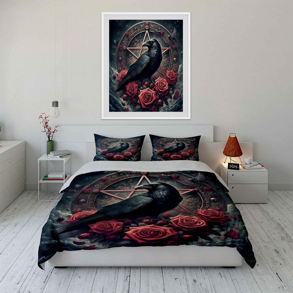 "Gothic Raven Rose Decor Set" Bedding Set with 1 Duvet Cover 2 Pillowcases Single Double King Queen, Gift