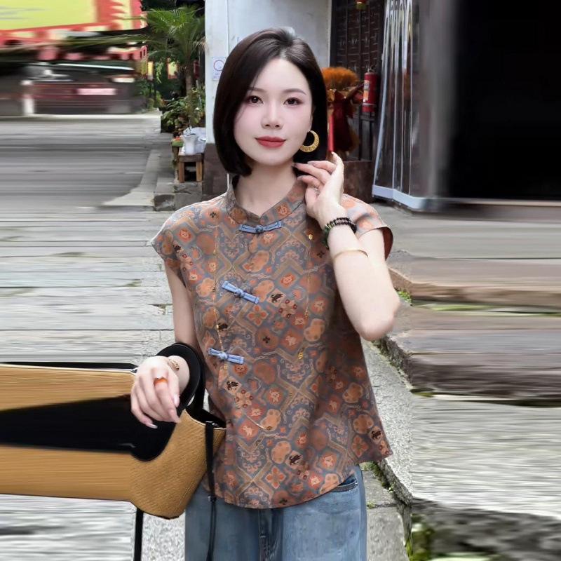 Womens Multicolor Qipao Blouse Casual Mandarin Collar Frog Button Traditional Pattern Cap Sleeve Top