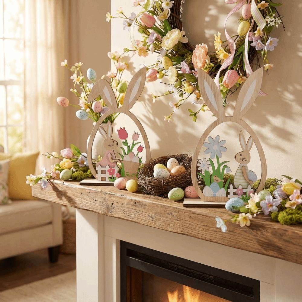 2Pcs Farmhouse Rustic Easter Bunny Ornament Hand-Painted Bunny Desktop Decorative Table Mantel