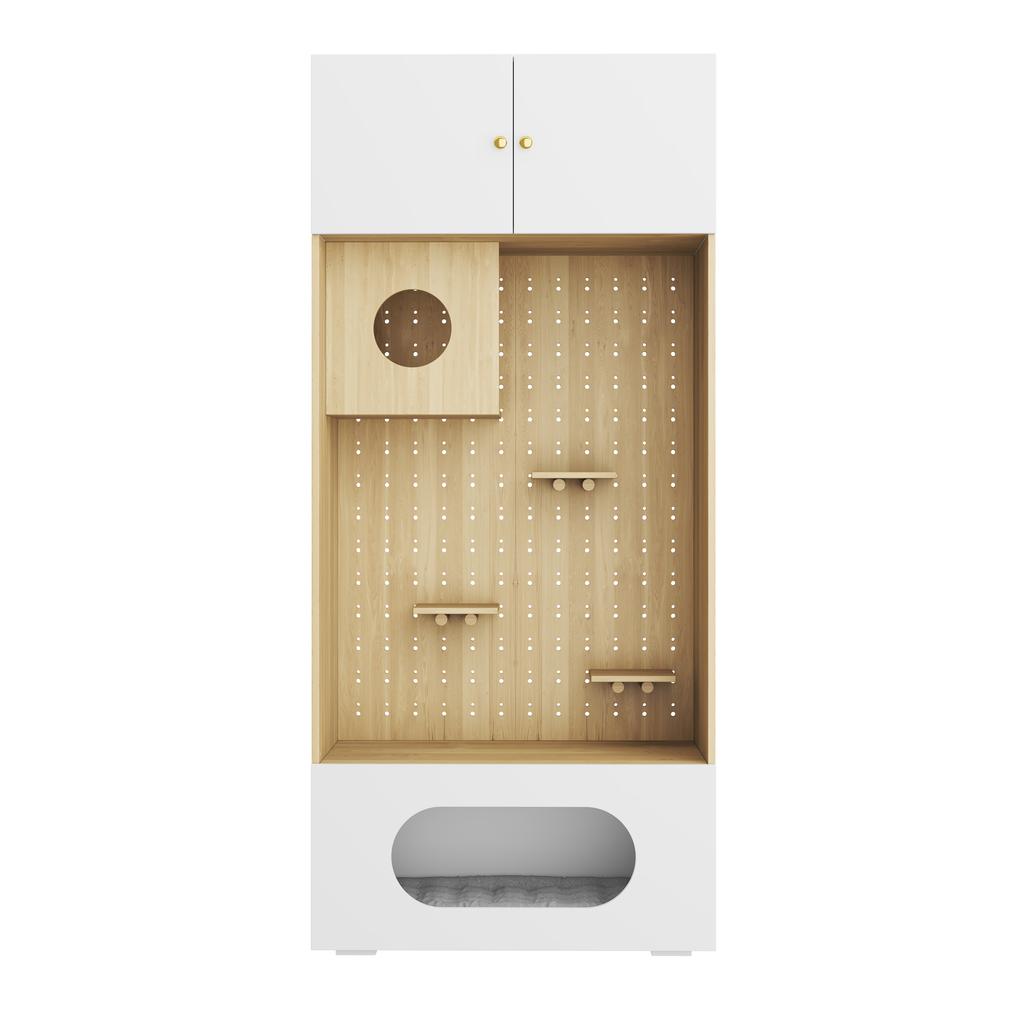 Pet Cabinet with Cat Climbing Wall, Cat Cave, Lounging Areas and Soft Cushion, 90 X 50 X 202 Cm, with Storage Space, White + Wood Look