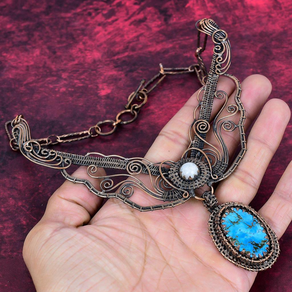 Tibetan Turquoise Gemstone Necklace Copper Wire Wrap Moonstone Jewelry Adjustable Necklace