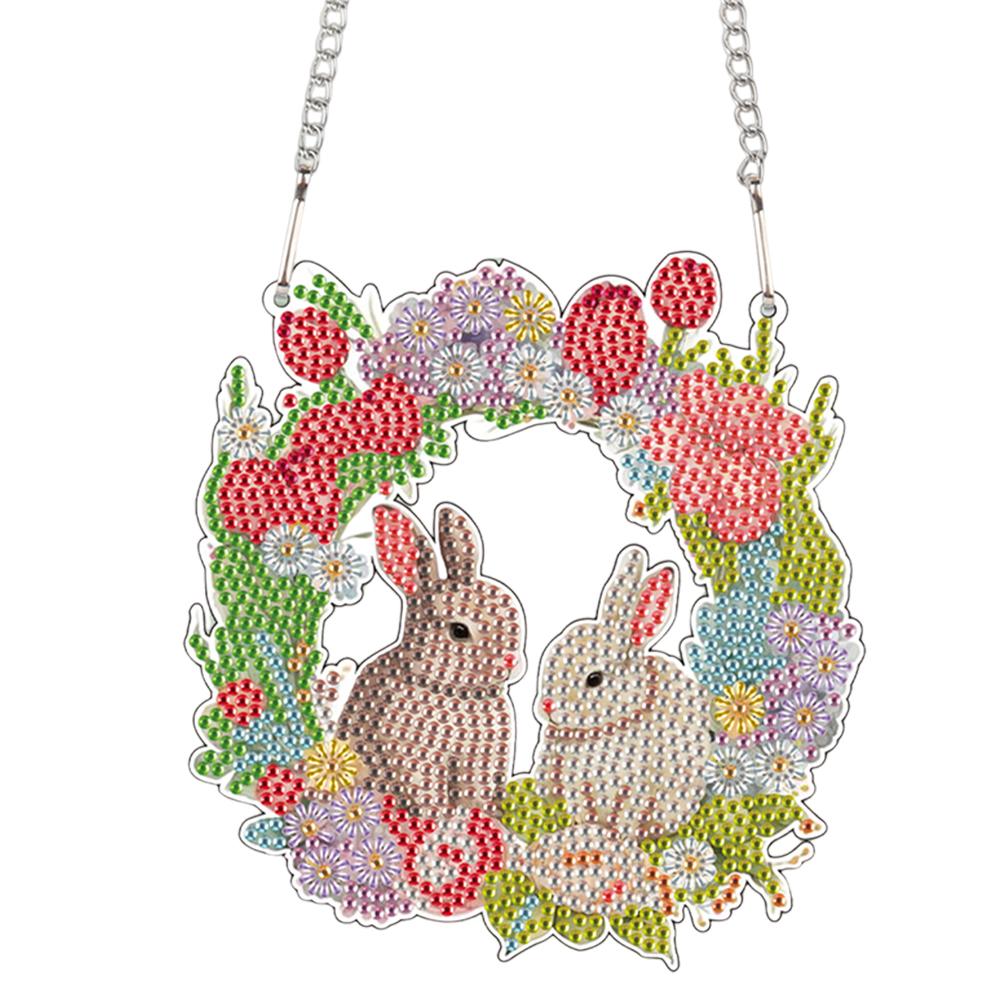 Special Shape Easter Rabbit Wreath Rhinestone Diamond Art Pendants Diamond Painting Hanging Pendant for Garden Window Decor
