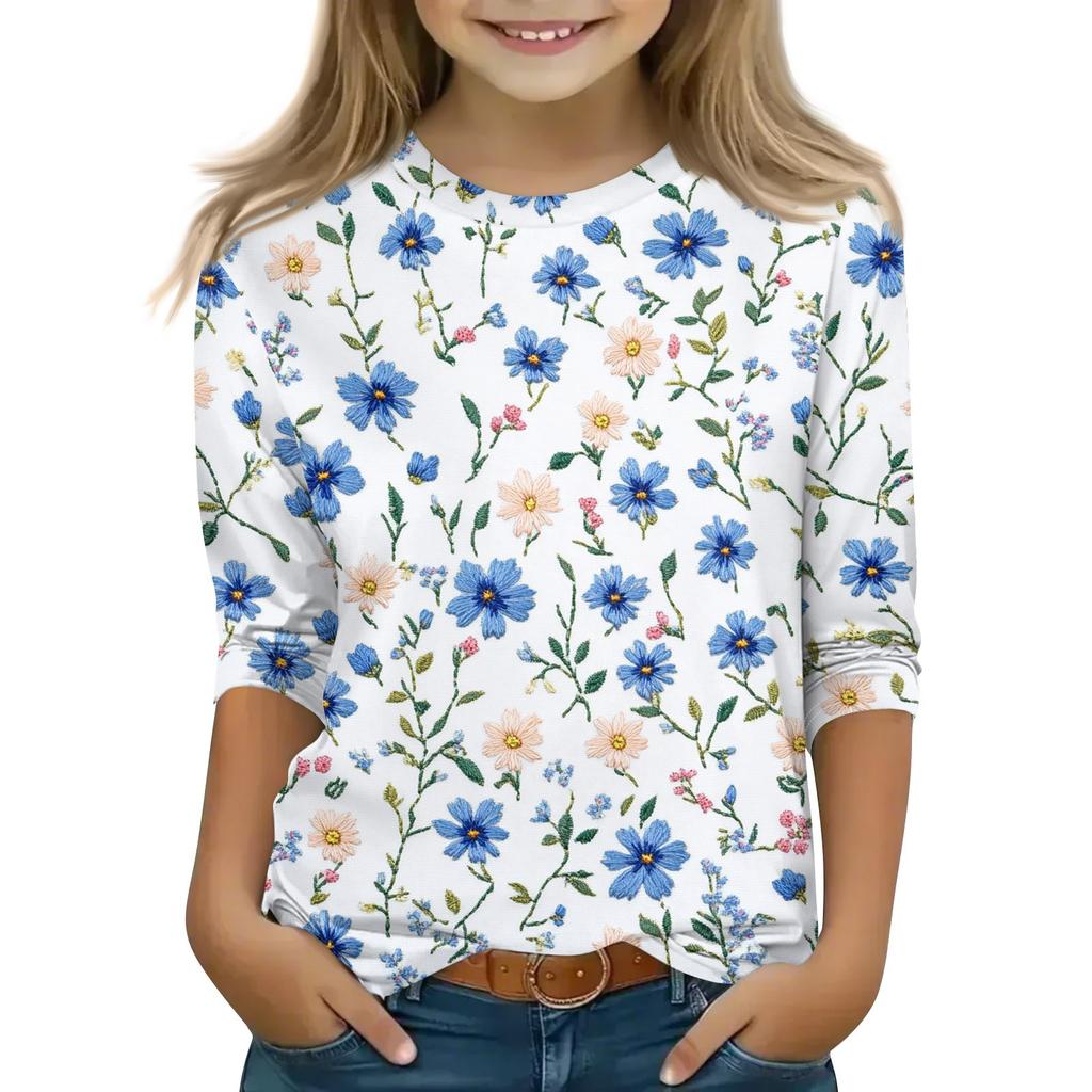 Print Tops For Youth Girls 5-16 Years Round Neck 3/4 Sleeves T-Shirts Trendy Tops Outfit Tees