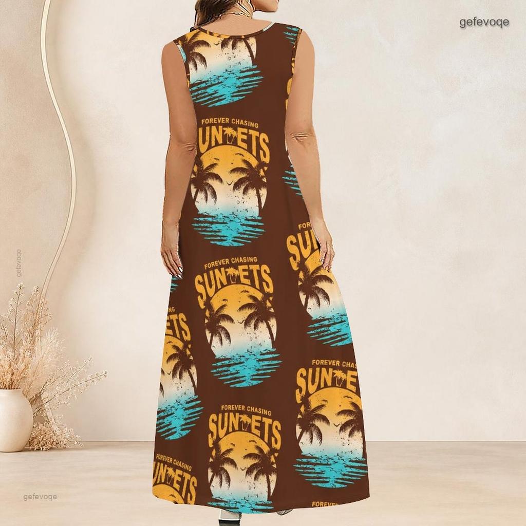 Women Plus Size Scoop Neck Sleeveless Tropical Leaf Printed Green A Line Long Dress