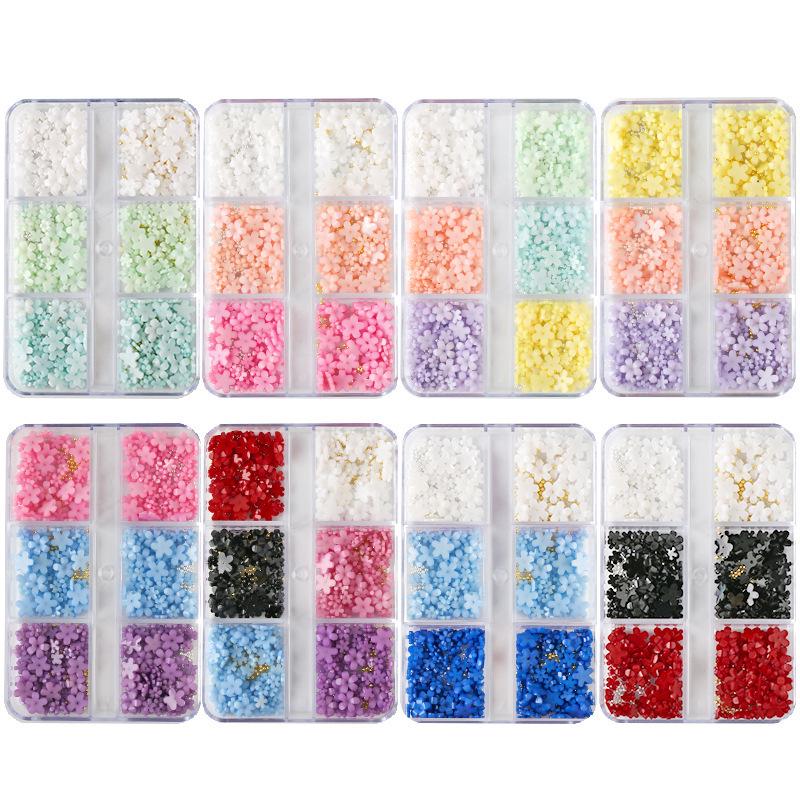 6-Grid Nail Art Set: Resin Mix, Pearls, Steel Beads, Macaron & Candy Color Flowers 3D Decor.