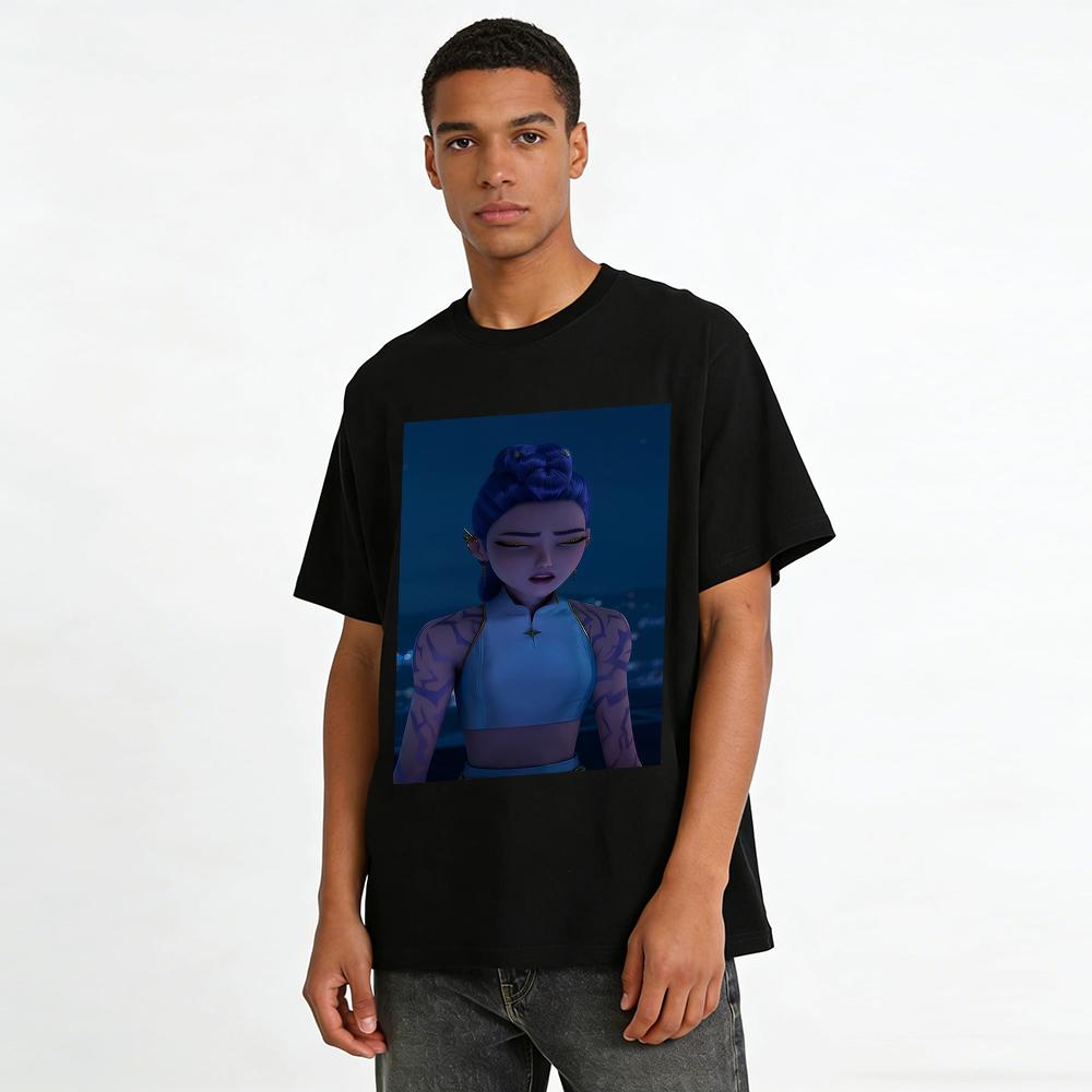 Anime Character Print Sleeveless Crop Top, Trendy Blue Hair Purple Pattern Slim Fit Waist-exposed Top Pure cotton T-shirt