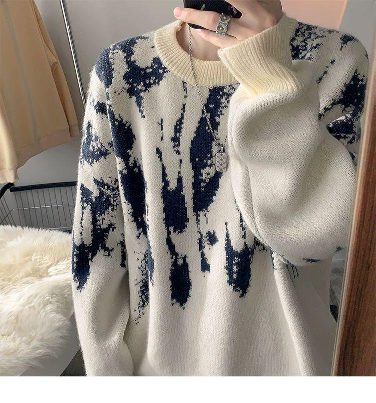 Korean Tie-Dye Men's Sweater: Trendy 2026 Autumn/Winter Knitwear, Youthful Loose Fit