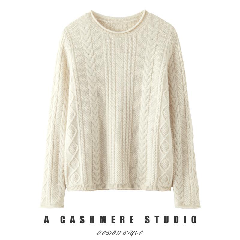 Women's Retro Cable Knit Cashmere Sweater, Round Neck with Rolled Hem, Thick Loose Fit, Cozy Inner/Base Layer.