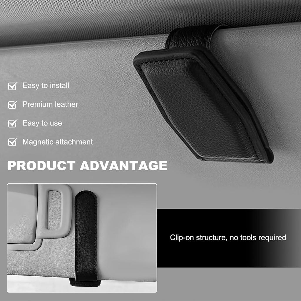 2PCS Sunglasses Holders for Car Sun Visor, Magnetic Leather Auto Visor Glasses Organizer Ticket Card Clip, Universal Eyeglasses Hanger Mounter for