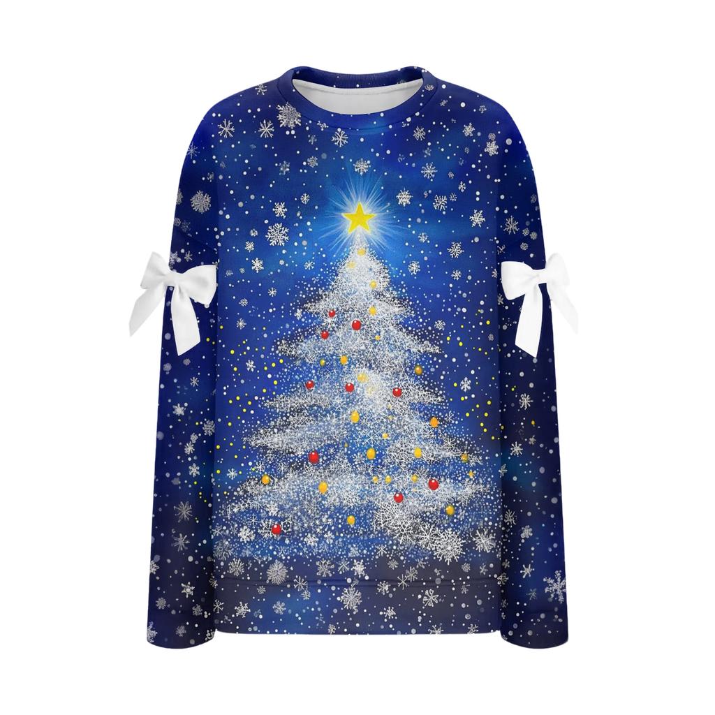 Ladies' Christmas Printed Bow Round Neck Long Sleeved Loose Pullover Sweater Sweatshirt Top