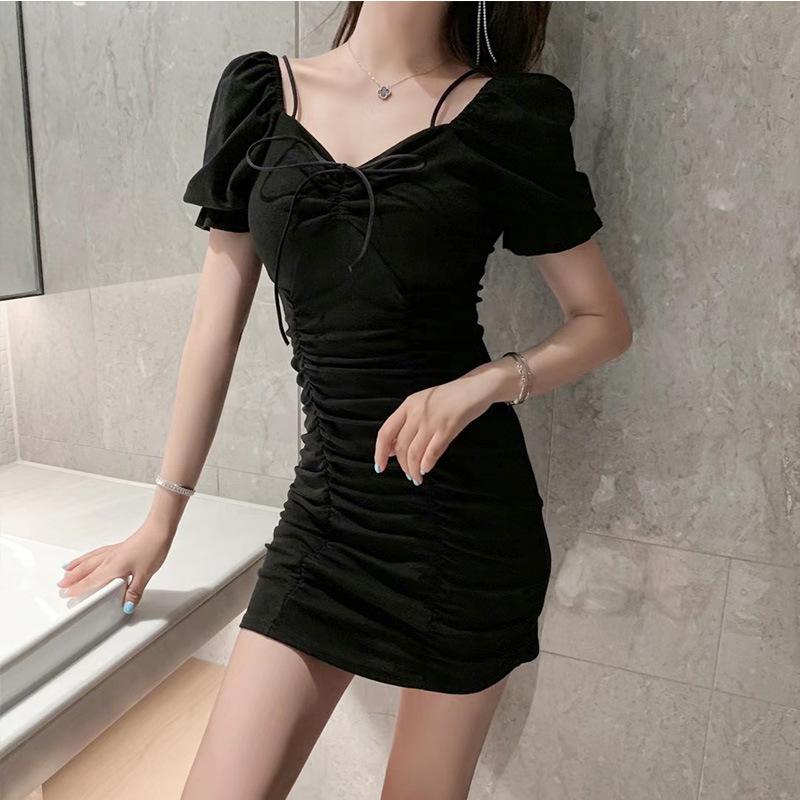 Direct supply of Ni fabric summer new Korean version of light and mature wind lace-up slim and thin sexy hip-wrapped dress for women