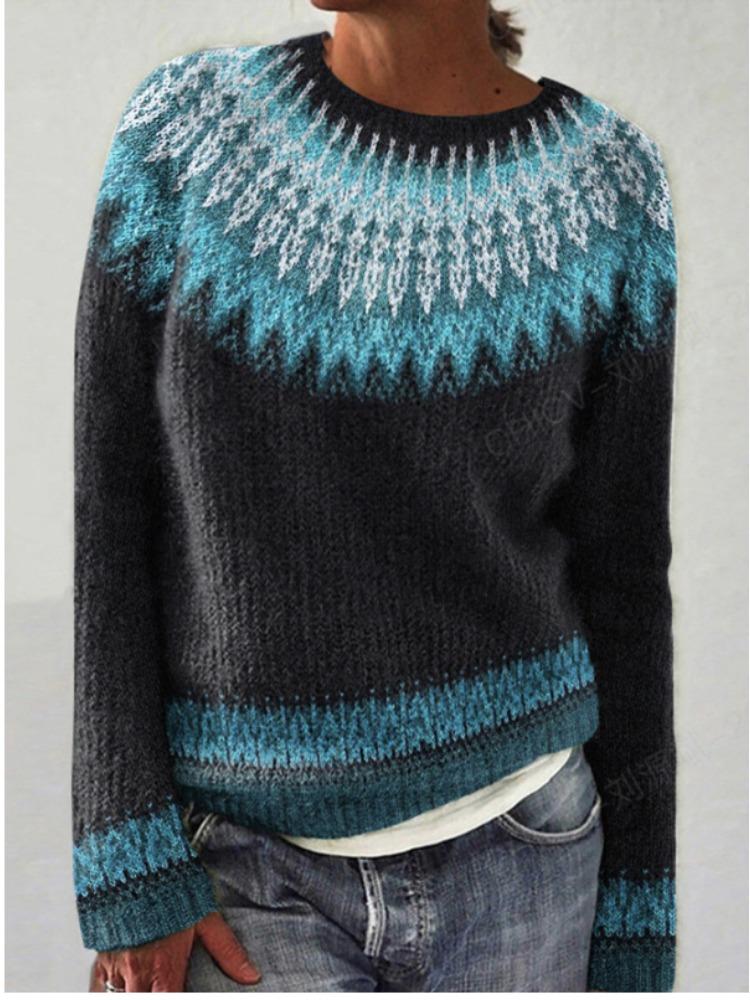 Color Block Round Neck Pullover Women's Fashion Long Sleeve Sweater Luxurious Loose Fit Slimming Versatile Casual Knit Top