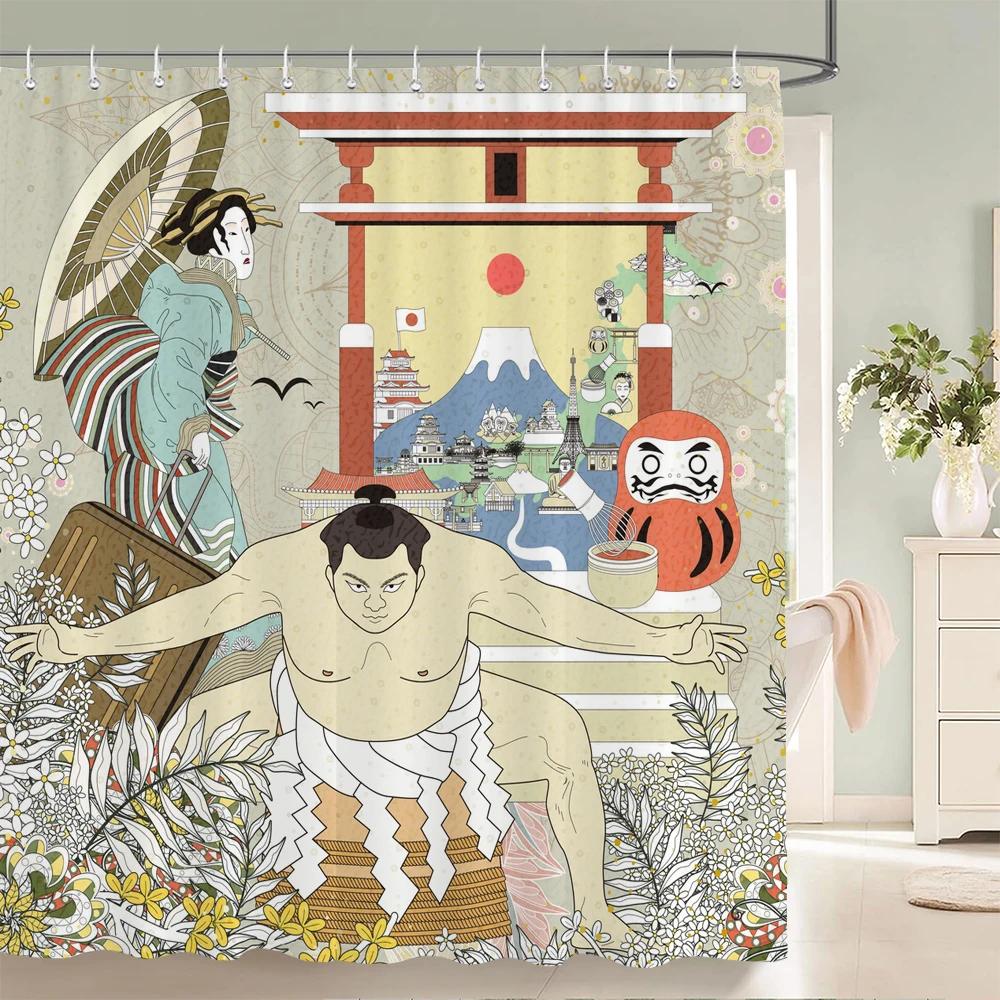 Japanese-style Shower Curtain 3d Ink Painting Bathroom Curtain Waterproof  With Hooks 180*240CM Shower Curtain Polyester Fabric