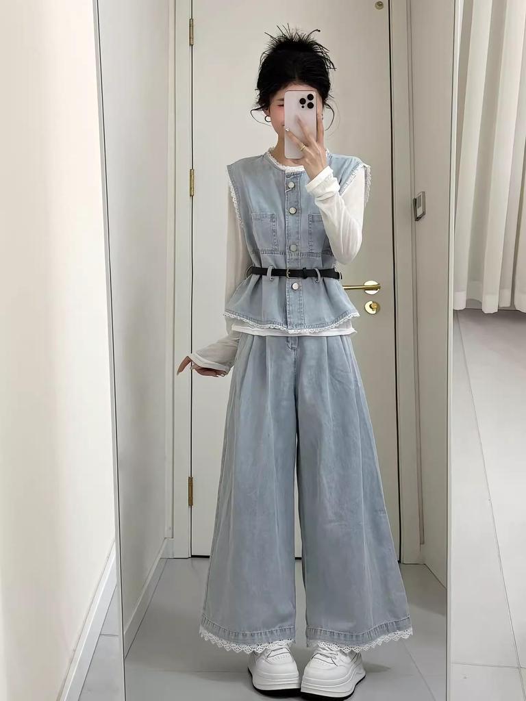 Spring Plus Size Layered Vest & Wide-Leg Jeans Fashionable Three-Piece Set