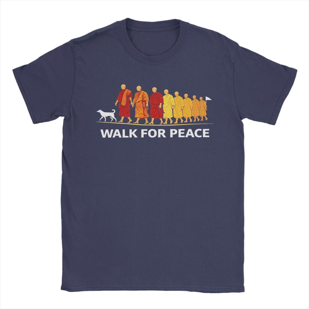 Unisex T-Shirt Retro Walk for Peace Mönche mit Aloka Hund Minimalistisch Zen Lässig Baumwolle T-Shirt Rundhals Kleidung Geschenk