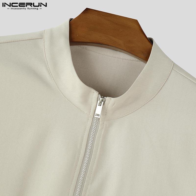 INCERUN Herren Stehkragen Reißverschluss Langarm Einfarbig Lässig Locker Hemden