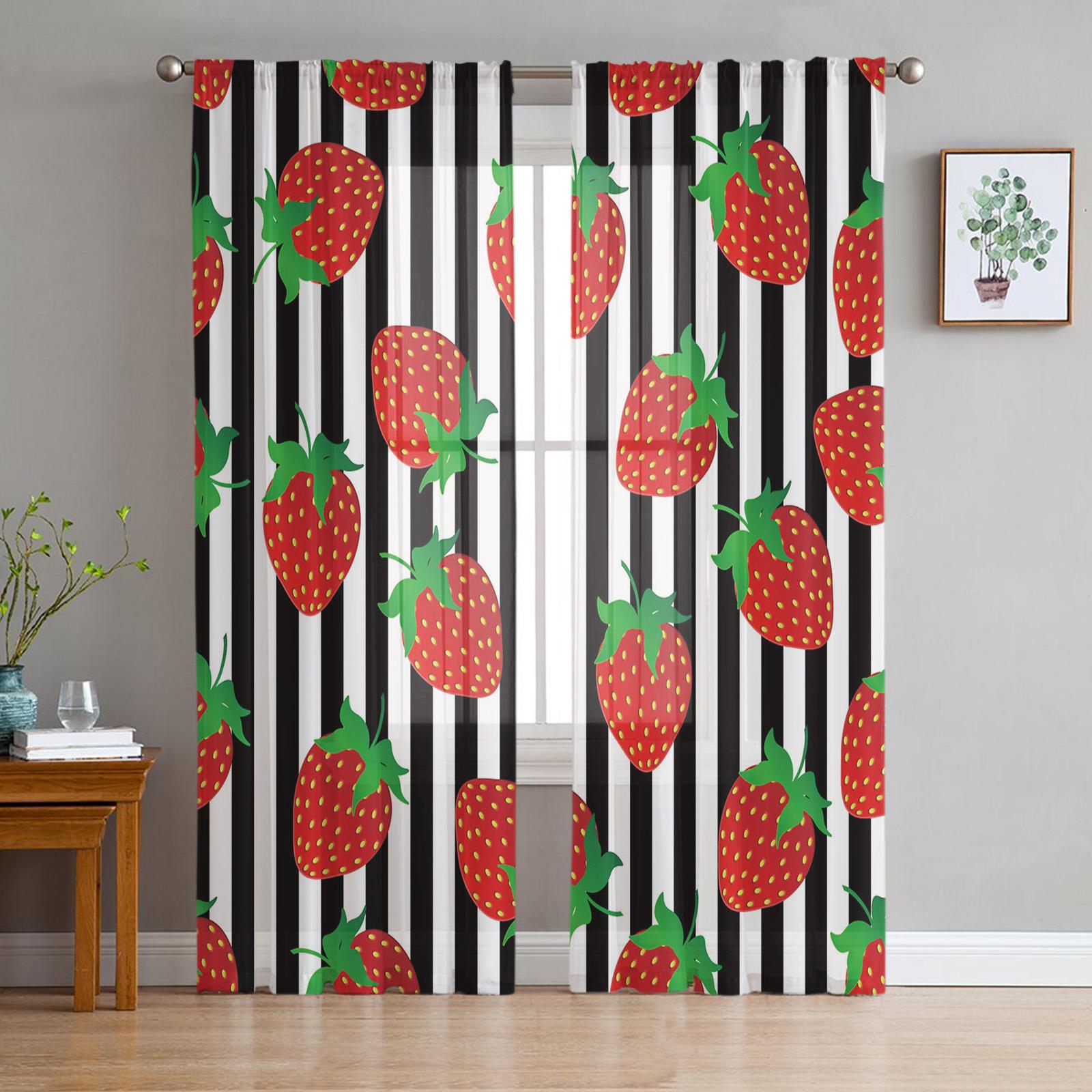 

Летние прозрачные шторы с изображением фруктов, клубники и цветов для гостиной, оконные шторы для кухни, тюль, вуаль, органза, шторы W135 x H115cm x1&Grommet Top