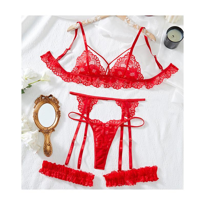 European, American and Dongfeng Sexy Seduction Lace Embroidery Sexy Underwear Red Suspender Sex Bra Underwear Set