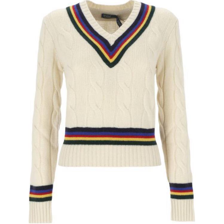 

Polo Ralph Lauren Striped Knit V-Neck Cropped Long Sleeve Sweater Women sweater Beige 211941558-001 L