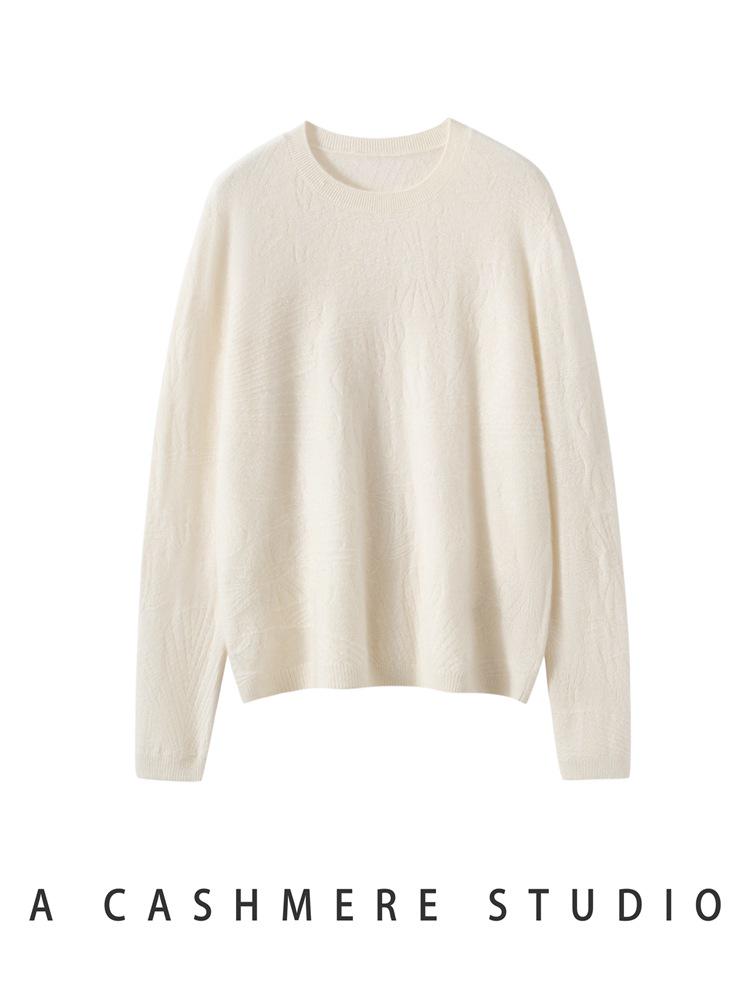 Women's Pure Cashmere Embossed Round Neck Knitwear - New Chinese Style, Loose & Versatile for Autumn/Winter