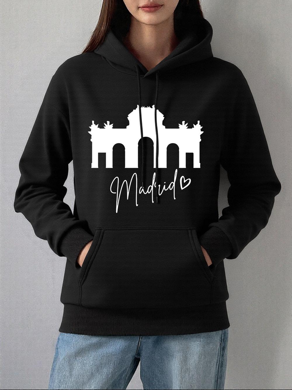 

Madrid Alcala Sliding Door Printed Hoodie Women Winter Fleece Warm Sweatshirt Basics Pocket Pullover Casual Loose Womans Clothes 2XL